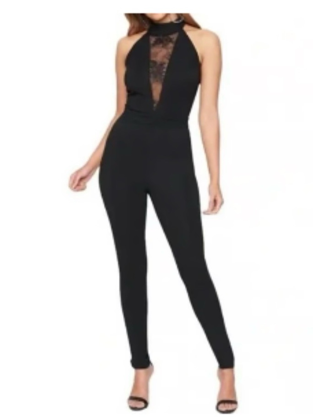 Bebe Black Lace-Insert Halter Jumpsuit - Size Large
